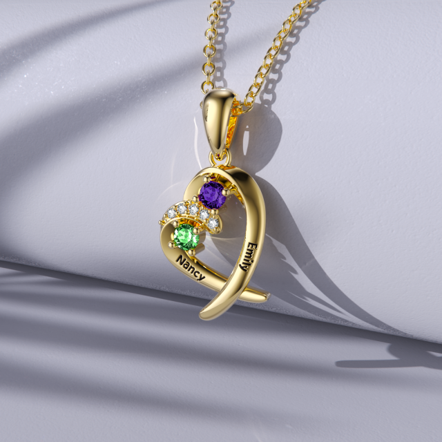 14K Gold Heart Shaped Cubic Zirconia Personalized Birthstone Pendant Necklace-6