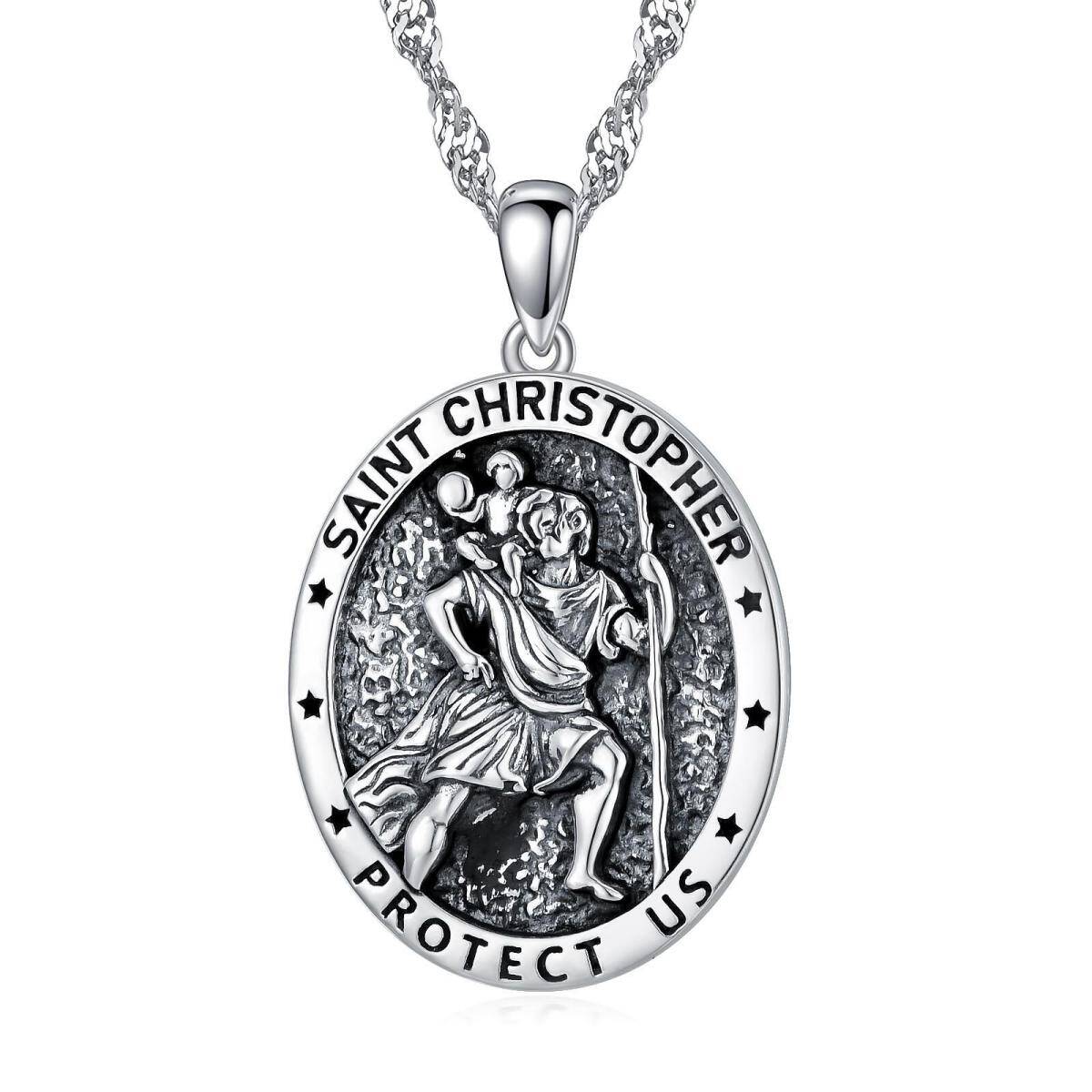 Sterling Silver Saint Christopher Pendant Necklace for Men with Singapore Chain-1