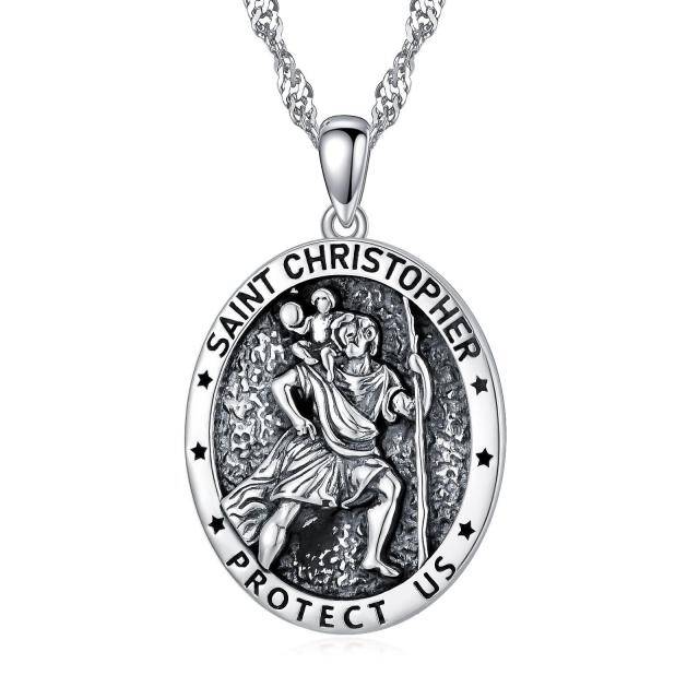 Sterling Silver Saint Christopher Pendant Necklace for Men with Singapore Chain-0