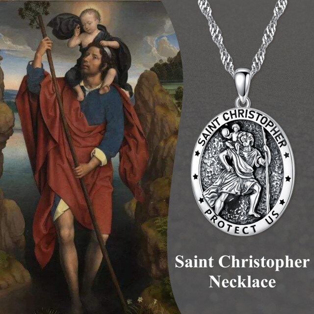 Sterling Silver Saint Christopher Pendant Necklace for Men with Singapore Chain-2