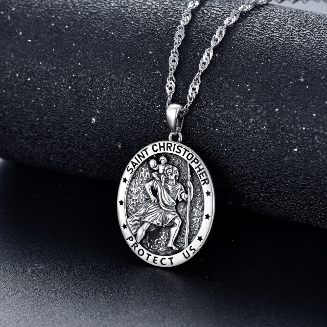 Sterling Silver Saint Christopher Pendant Necklace for Men with Singapore Chain-3