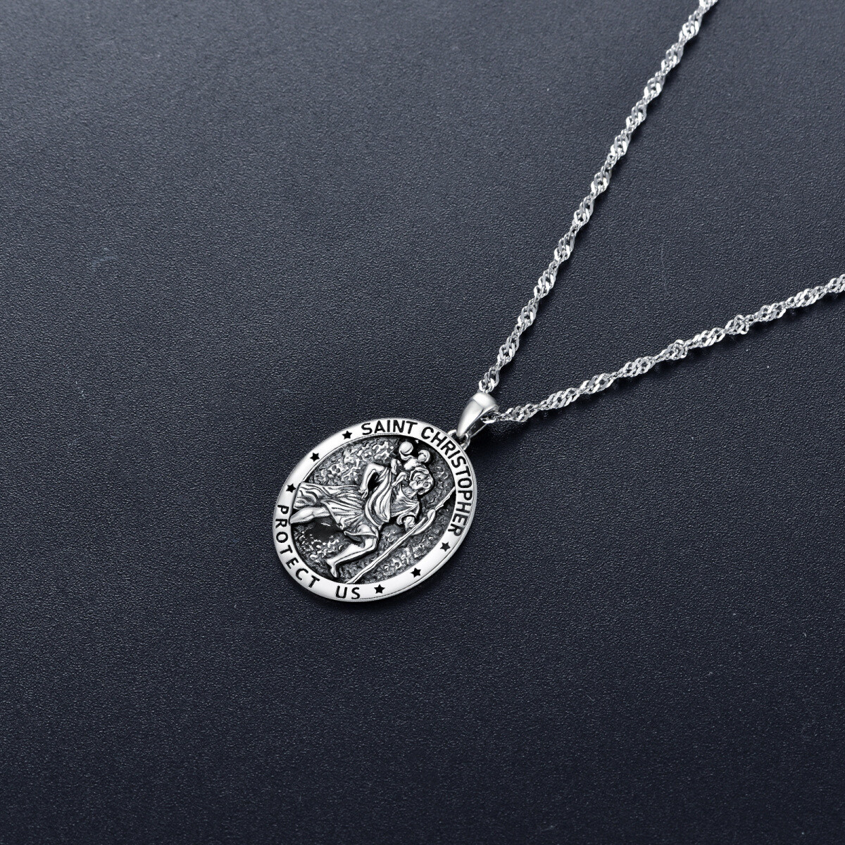 Sterling Silver Saint Christopher Pendant Necklace for Men with Singapore Chain-6