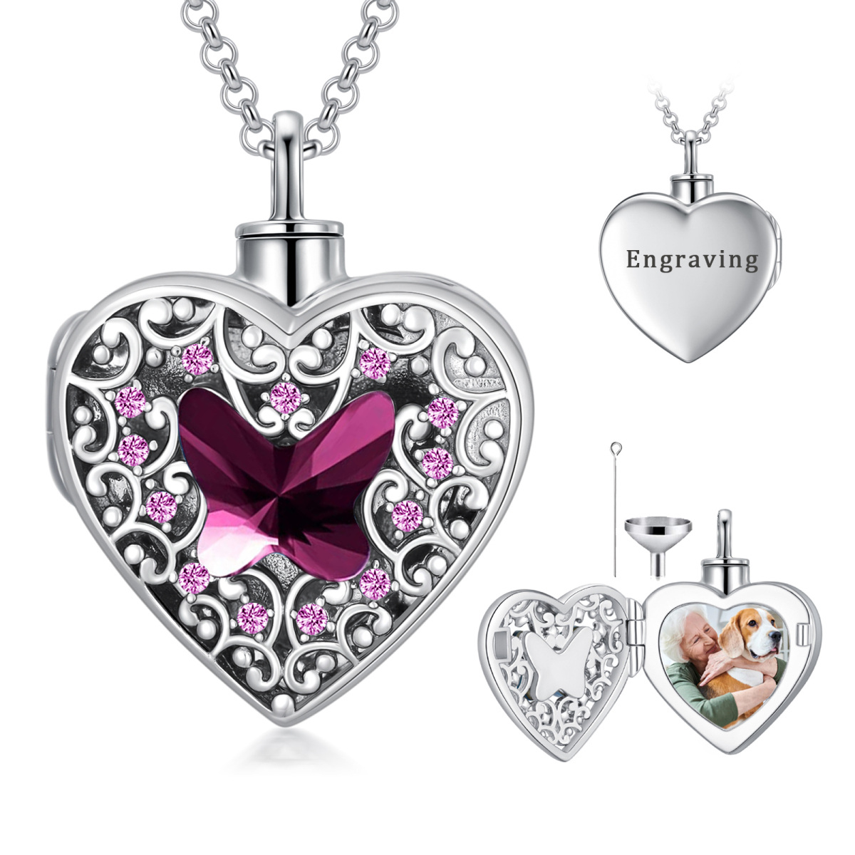 Sterling Silver Crystal & Personalized Engraving Butterfly & Personalized Photo & Heart Urn Necklace for Ashes-1