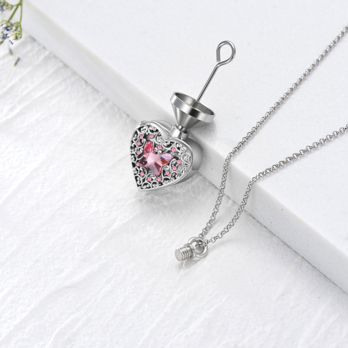 Sterling Silver Crystal & Personalized Engraving Butterfly & Personalized Photo & Heart Urn Necklace for Ashes-3