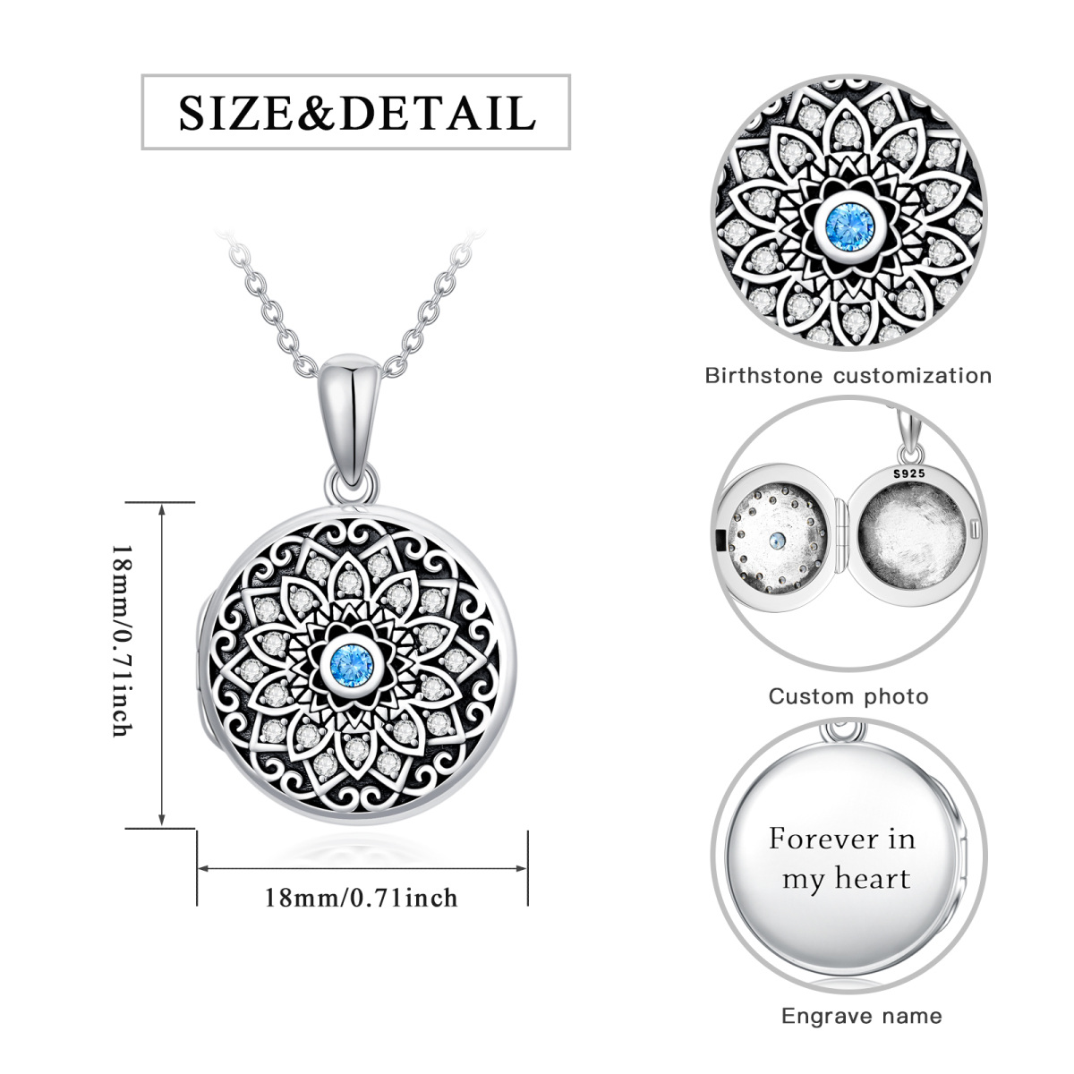 Sterling Silver Lotus Round Zircon Personalized Birthstone Custom Photo Locket Necklace with Engraved Word-7
