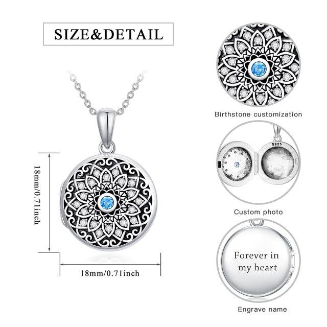 Sterling Silver Lotus Round Zircon Personalized Birthstone Custom Photo Locket Necklace with Engraved Word-6