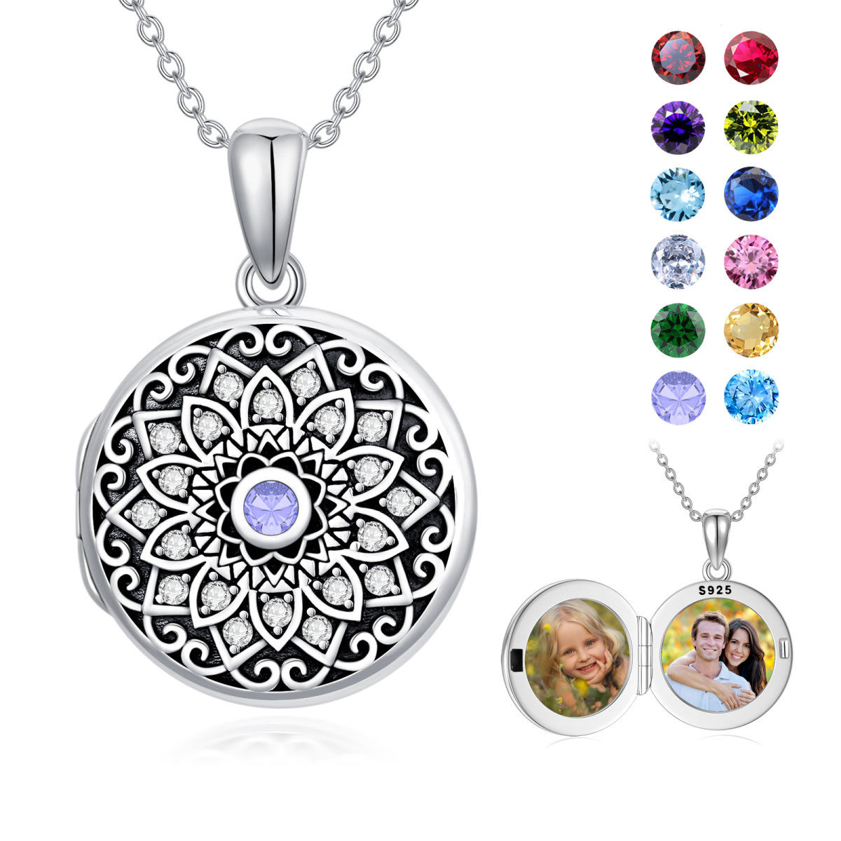 Sterling Silver Lotus Round Zircon Personalized Birthstone Custom Photo Locket Necklace with Engraved Word-1