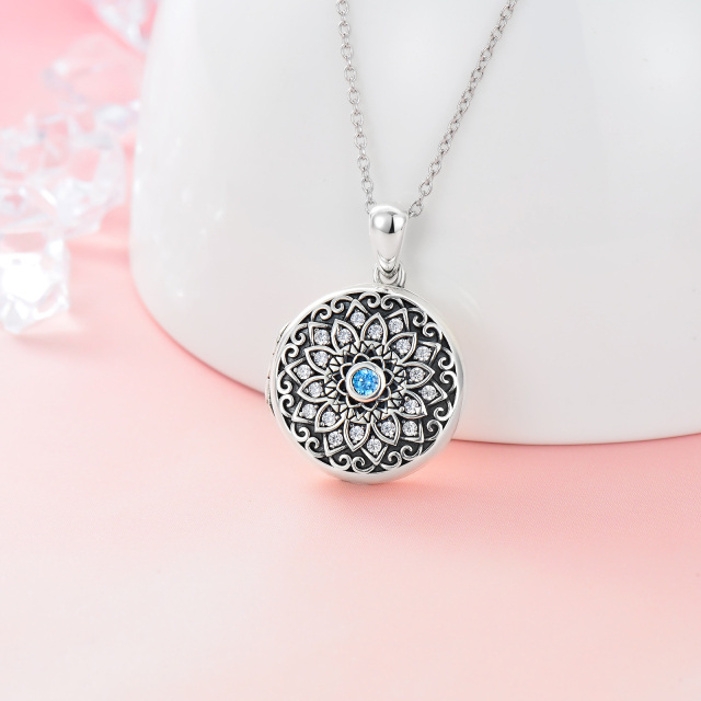 Sterling Silver Lotus Round Zircon Personalized Birthstone Custom Photo Locket Necklace with Engraved Word-2