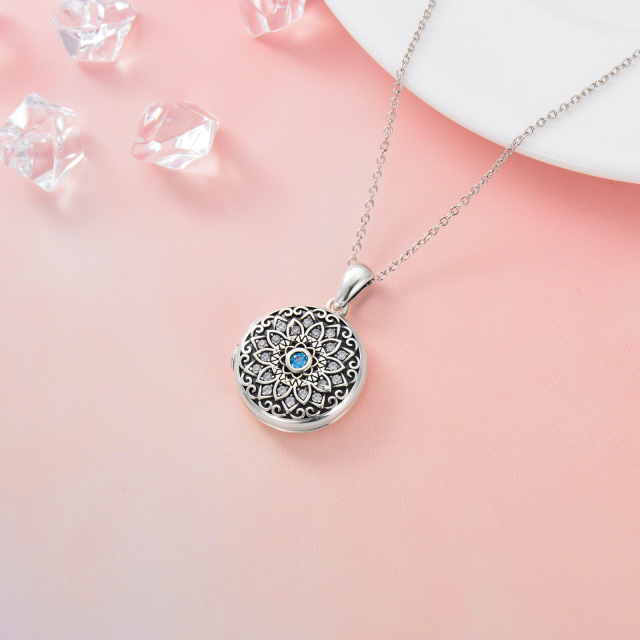 Sterling Silver Lotus Round Zircon Personalized Birthstone Custom Photo Locket Necklace with Engraved Word-4