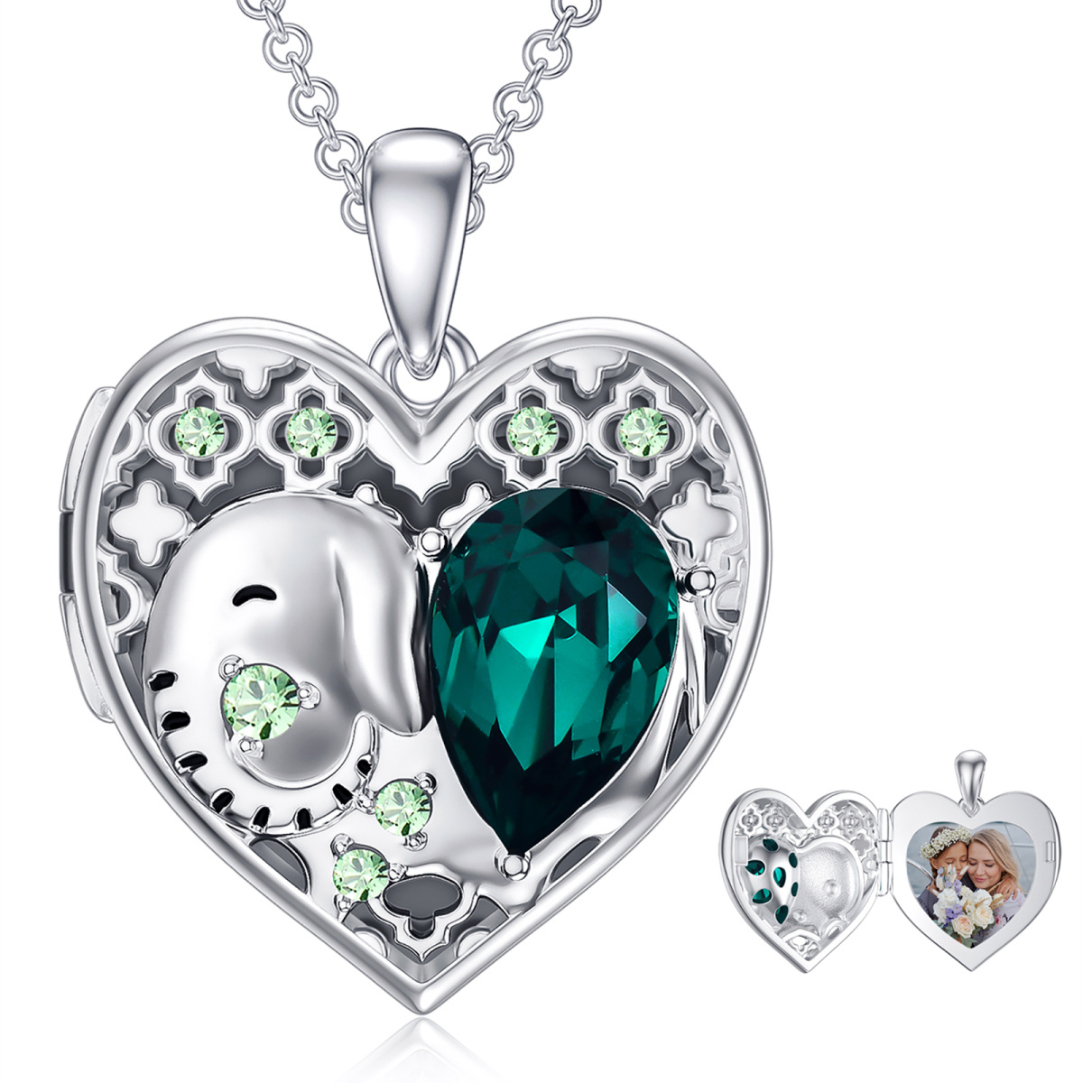 Sterling Silver Crystal Elephant & Heart Personalized Photo Locket Necklace-1