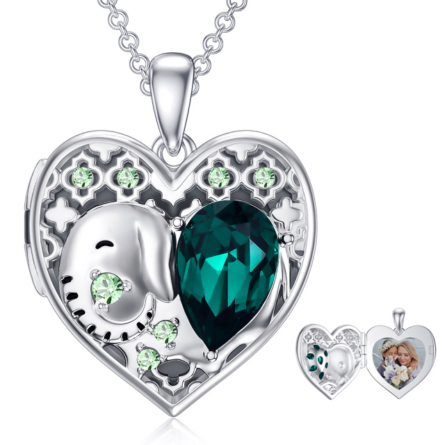 Colar de prata esterlina com cristal de elefante e coração personalizado com foto-0