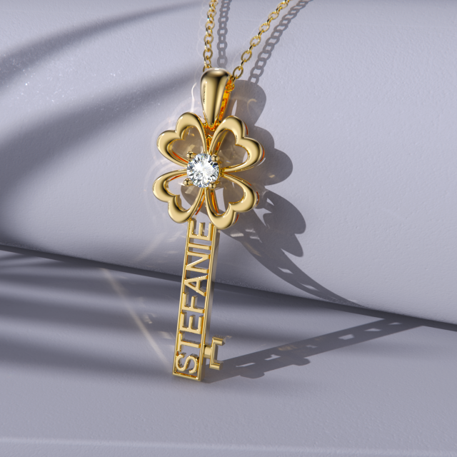 14K Gold Cubic Zirconia Key Pendant Necklace-4