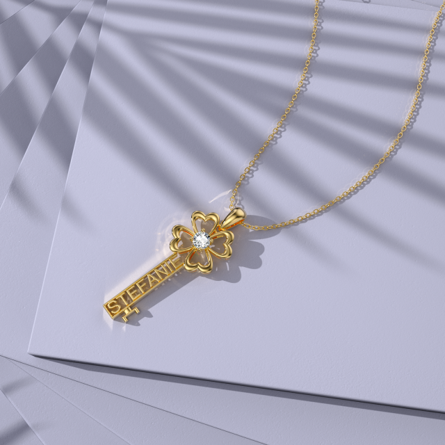 14K Gold Cubic Zirconia Key Pendant Necklace-5