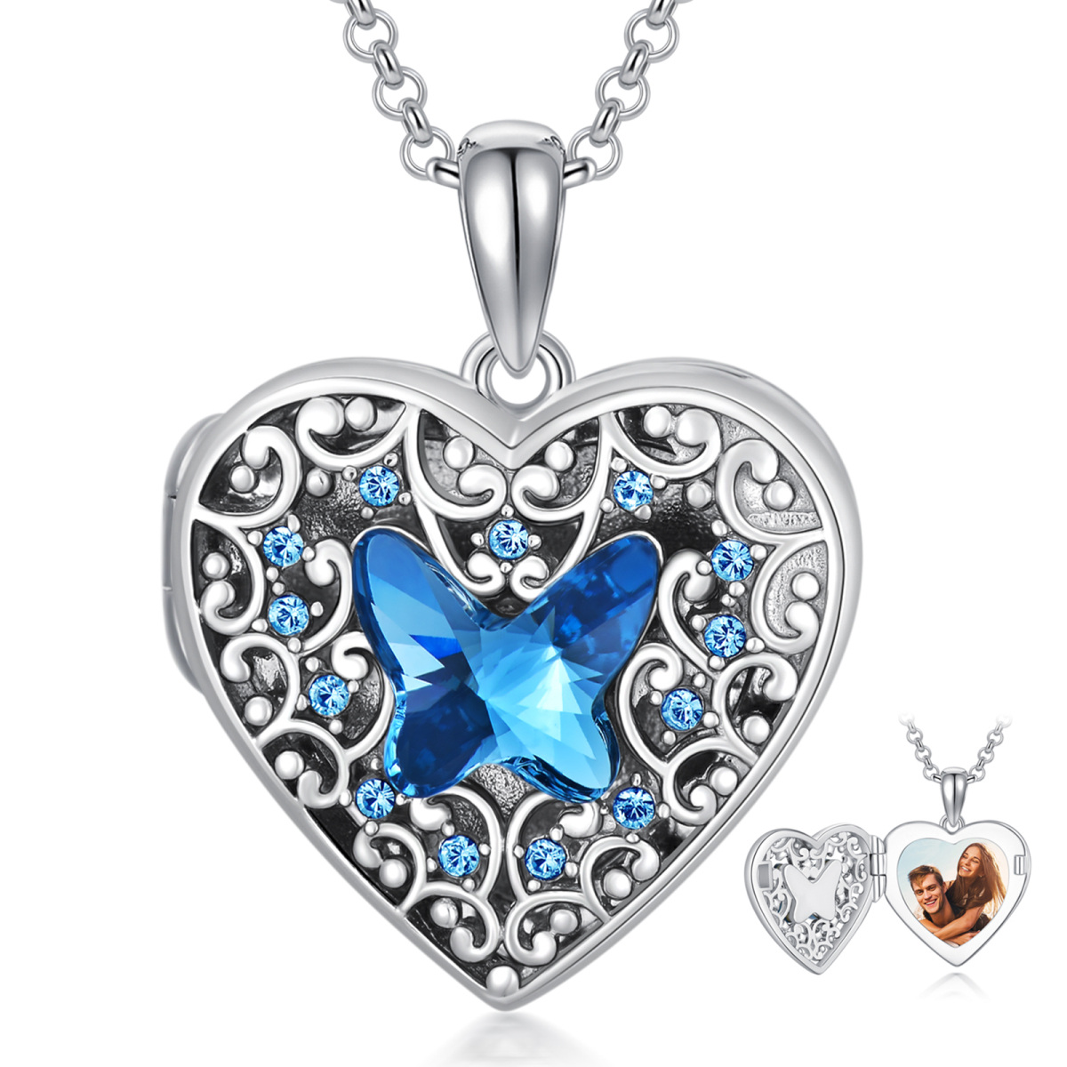 Sterling Silver Heart Shaped Crystal Personalized Photo & Heart Personalized Photo Locket Necklace-1