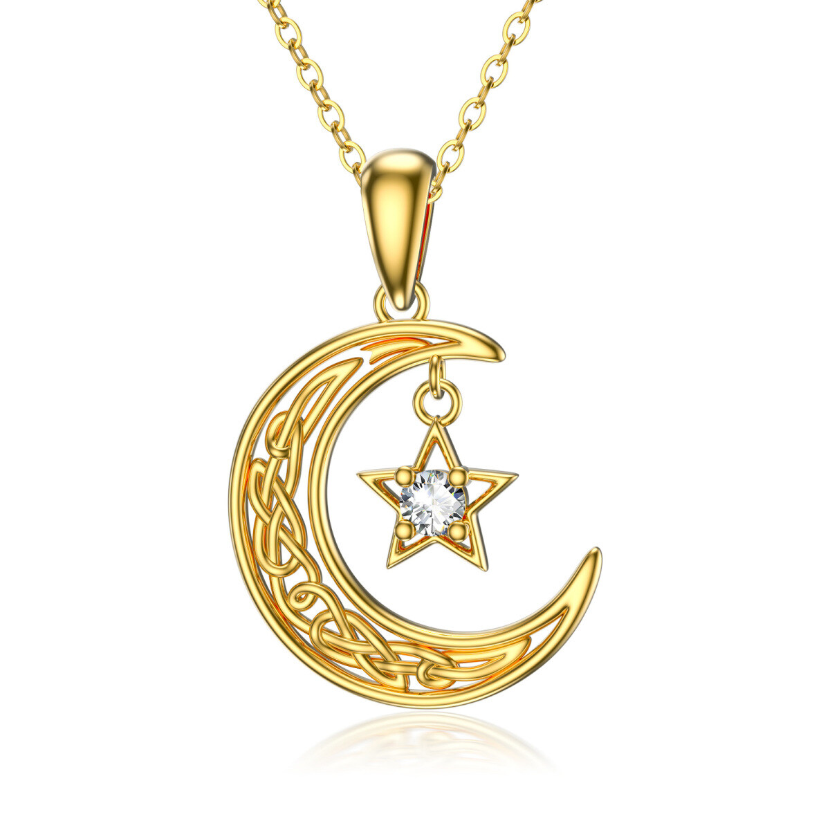 14K Gold Round Crystal Moon Pendant Necklace-1