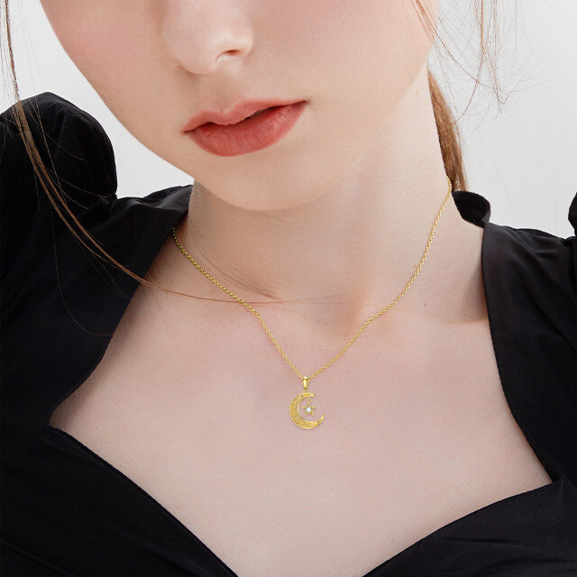 14K Gold Round Crystal Moon Pendant Necklace-1