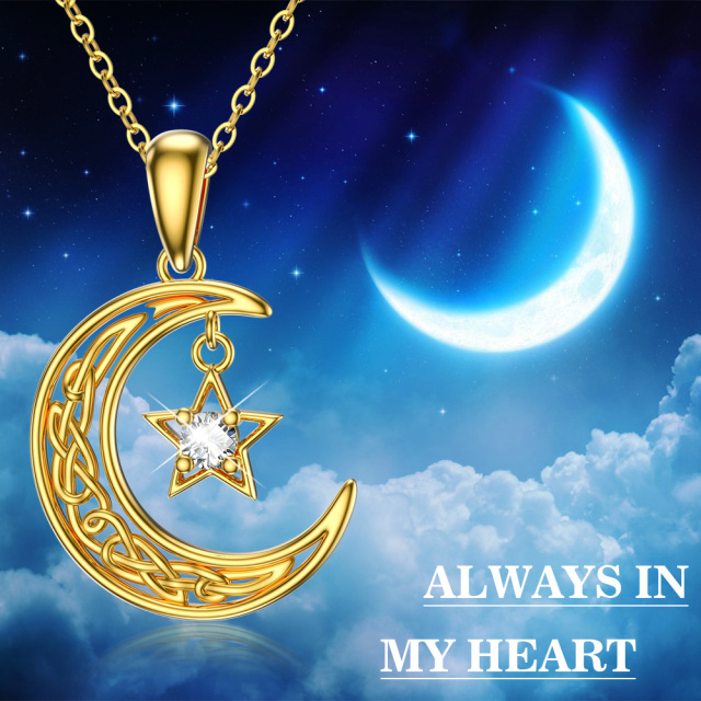 14K Gold Round Crystal Moon Pendant Necklace-2