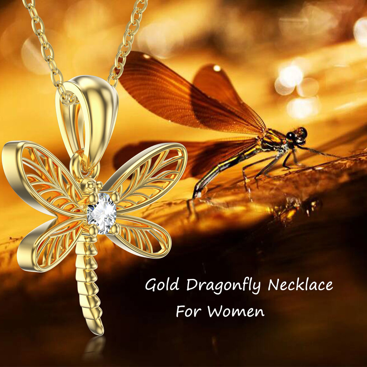 10K Gold Cubic Zirconia Dragonfly Pendant Necklace-6
