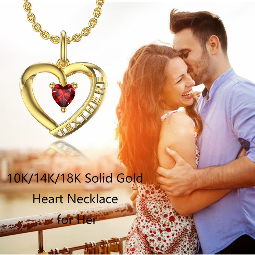 10K Gold Heart Shaped Cubic Zirconia Personalized Birthstone & Heart Pendant Necklace-6