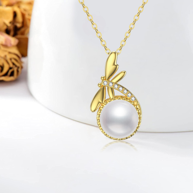 10K Gold Circular Shaped Pearl Dragonfly Pendant Necklace-2