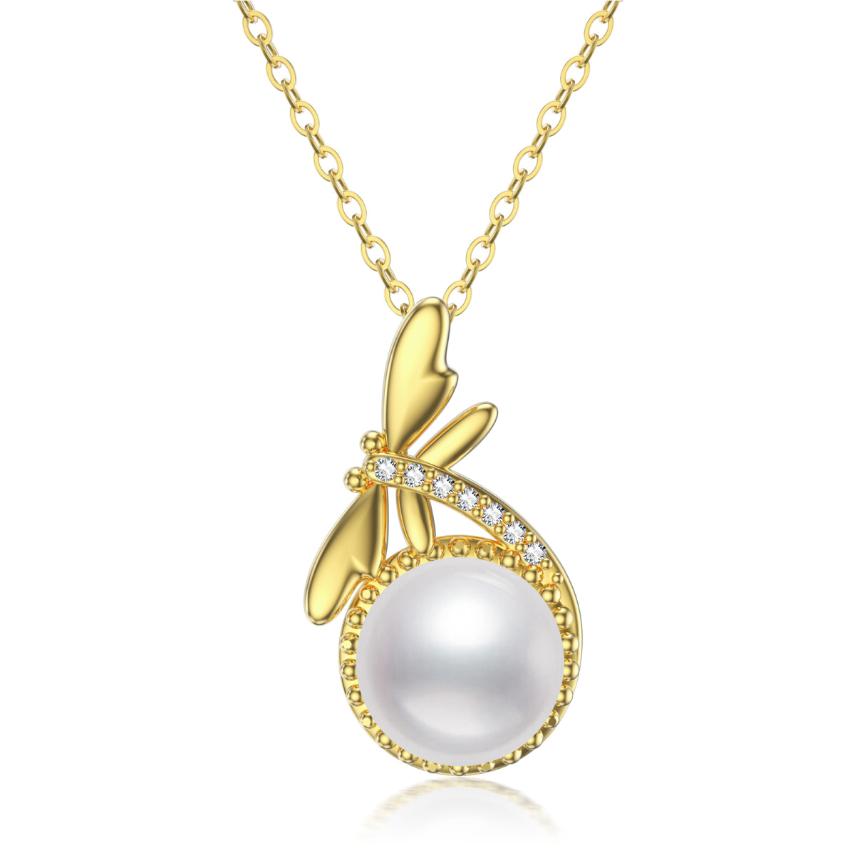10K Gold Circular Shaped Pearl Dragonfly Pendant Necklace-1