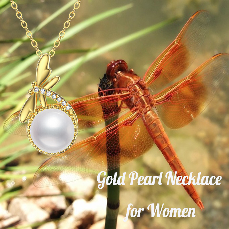 10K Gold Circular Shaped Pearl Dragonfly Pendant Necklace-5