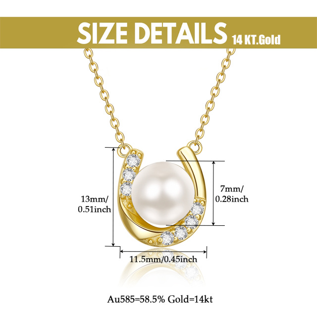 10K Gold Cubic Zirconia & Pearl Bead & Horseshoe Pendant Necklace-4