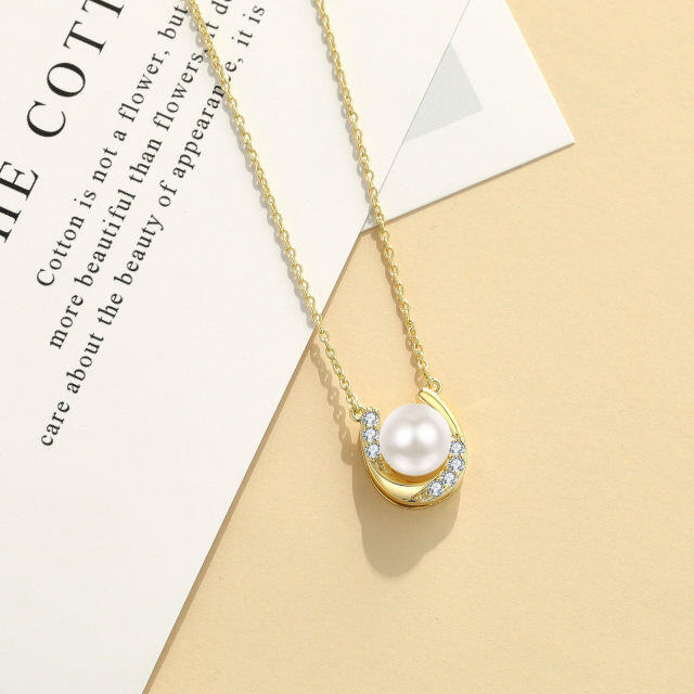 10K Gold Cubic Zirconia & Pearl Bead & Horseshoe Pendant Necklace-3