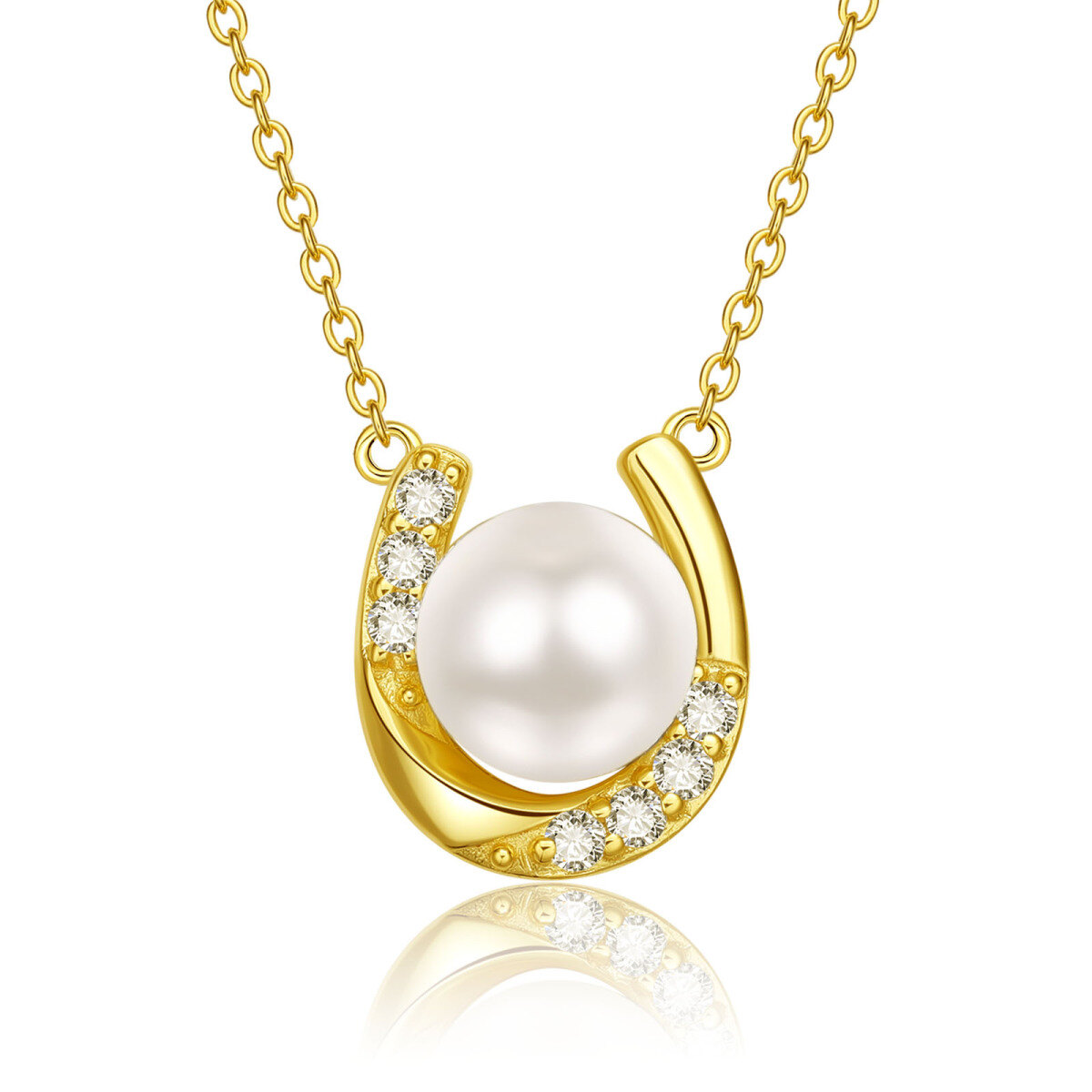 10K Gold Cubic Zirconia & Pearl Bead & Horseshoe Pendant Necklace-1
