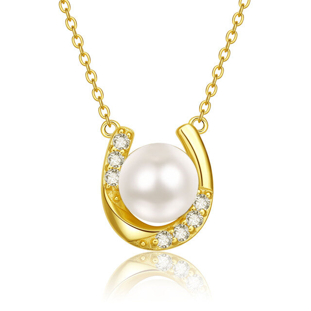 10K Gold Cubic Zirconia & Pearl Bead & Horseshoe Pendant Necklace-0
