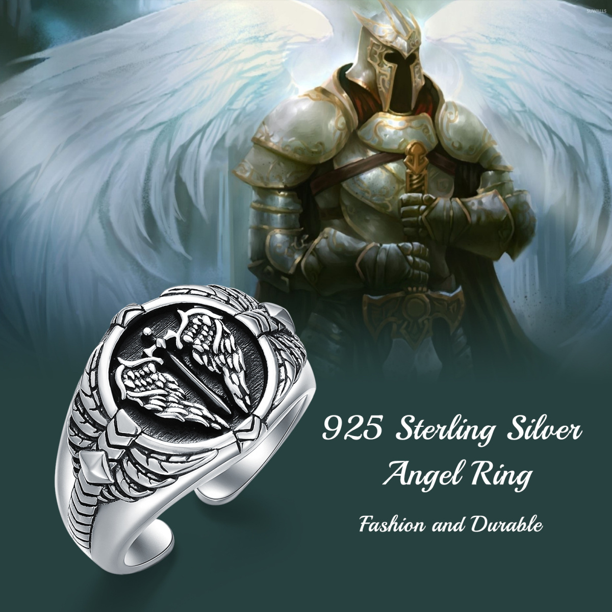 Sterling Silver Angel Wings Open Ring for Men-7