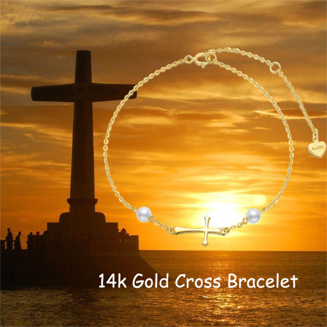 Pulseira com pingente de cruz de pérola em formato circular em ouro 14K-4