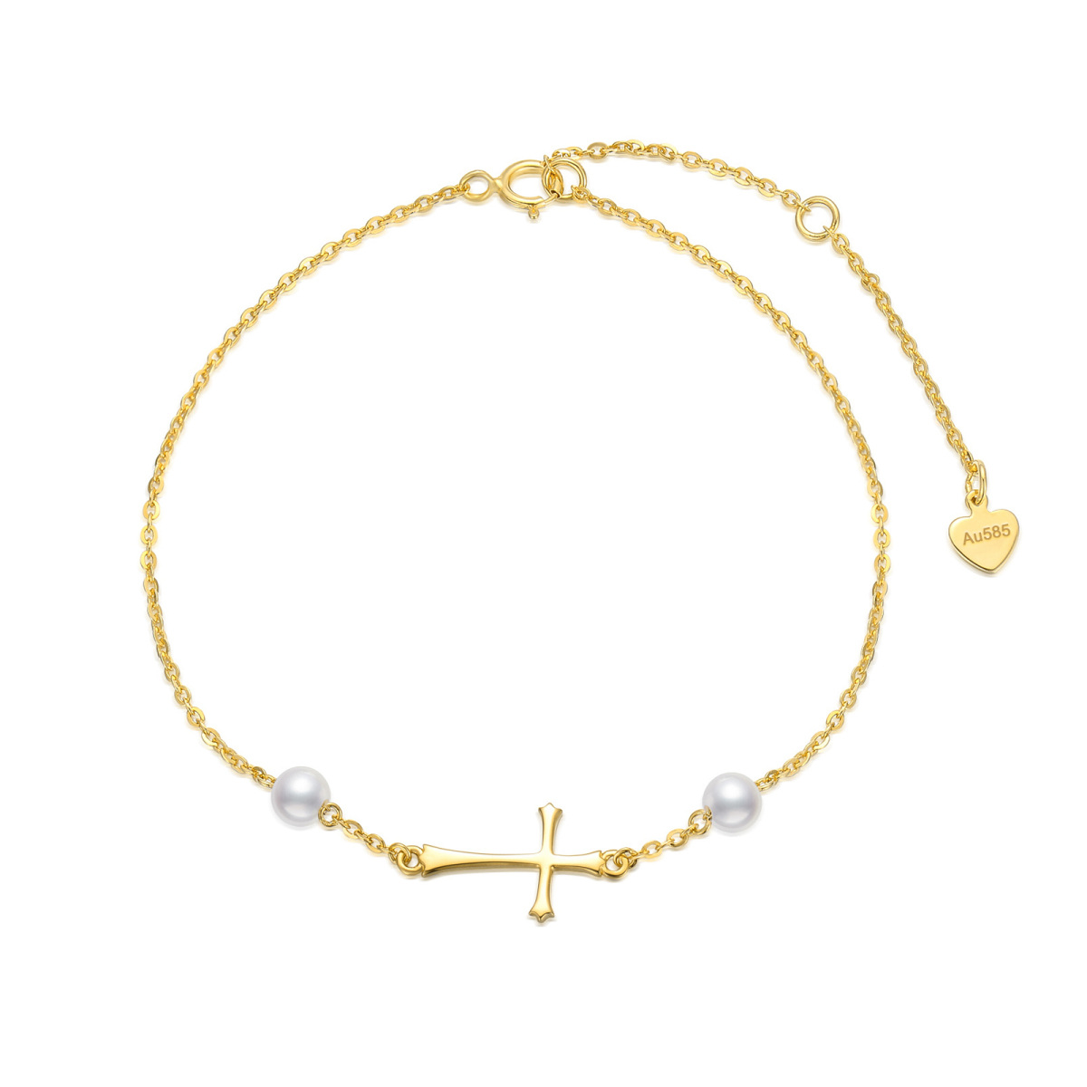 Pulsera de oro de 14 quilates con colgante circular en forma de cruz de perlas-1