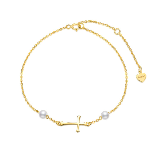 14K Gold Circular Shaped Pearl Cross Pendant Bracelet-0