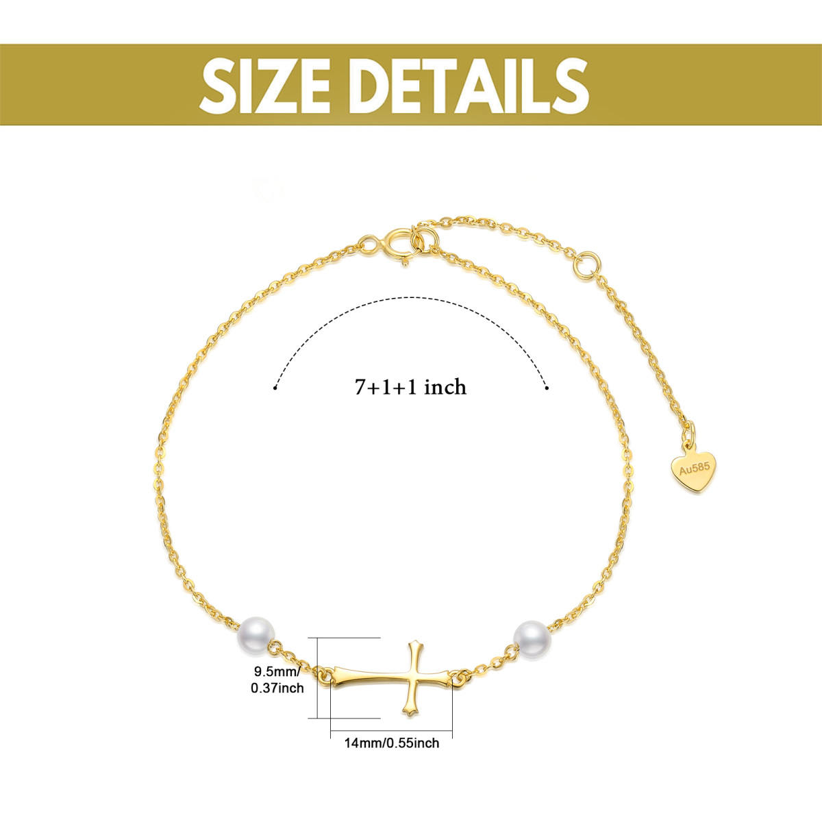 14K Gold Circular Shaped Pearl Cross Pendant Bracelet-6