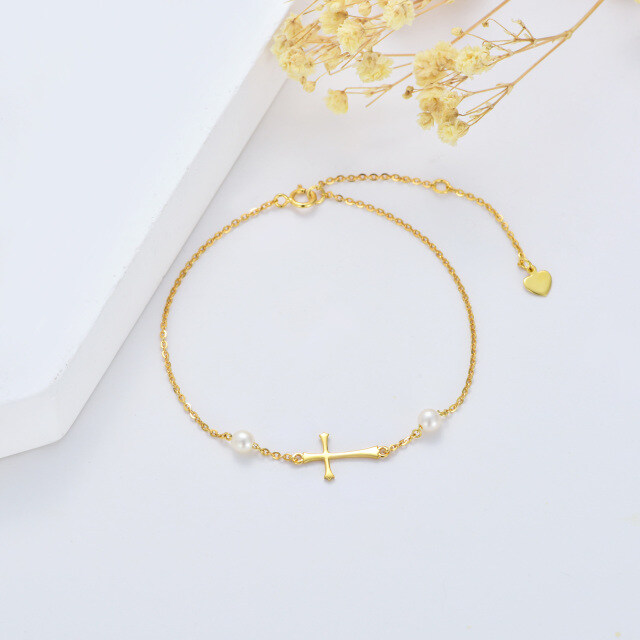 14K Gold Circular Shaped Pearl Cross Pendant Bracelet-2
