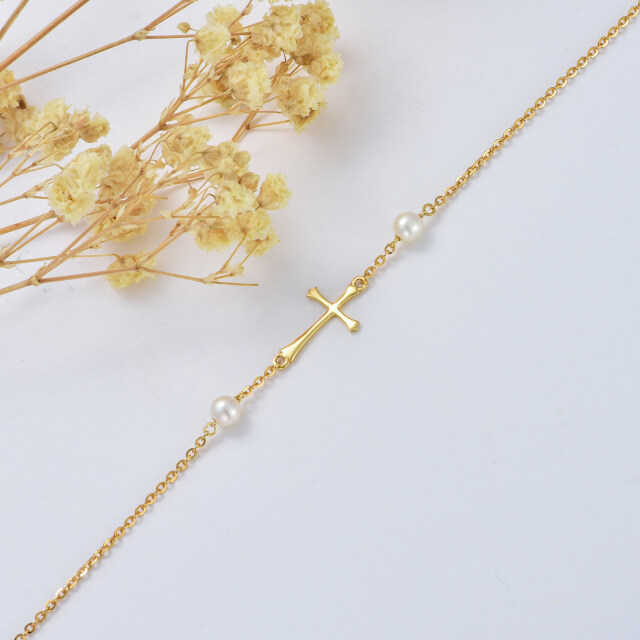 14K Gold Circular Shaped Pearl Cross Pendant Bracelet-3
