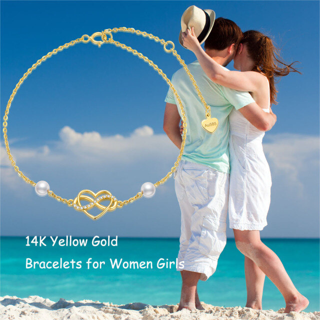 14K Gold Cubic Zirconia & Pearl Heart & Infinity Symbol Pendant Bracelet-4