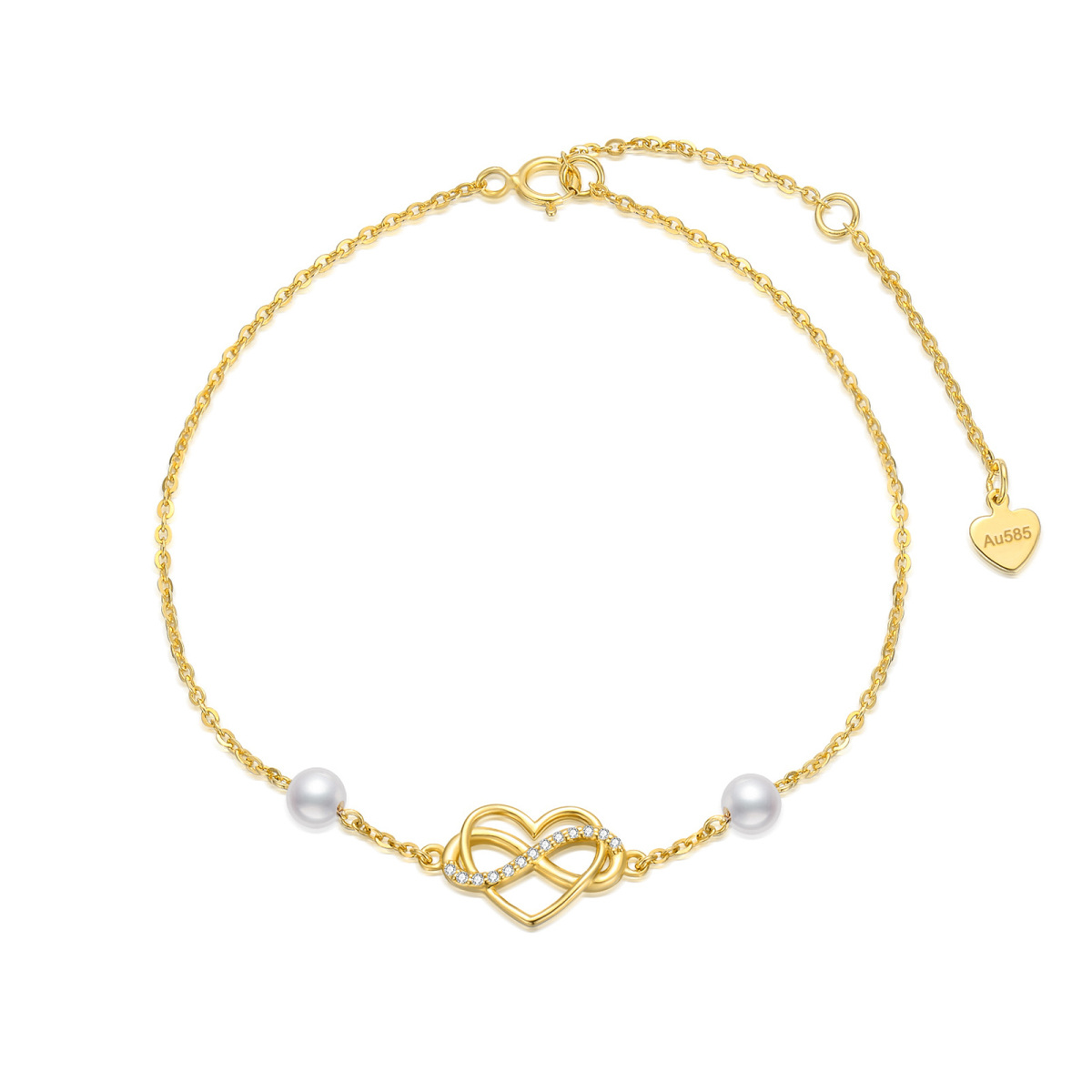 Bracelet en or 14K avec pendentif cœur et symbole de l'infini en zircon cubique et perle-1