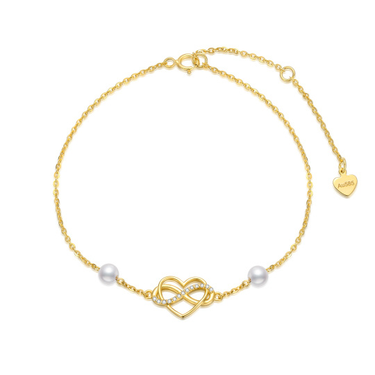 Bracelet en or 14K avec pendentif cœur et symbole de l'infini en zircon cubique et perle