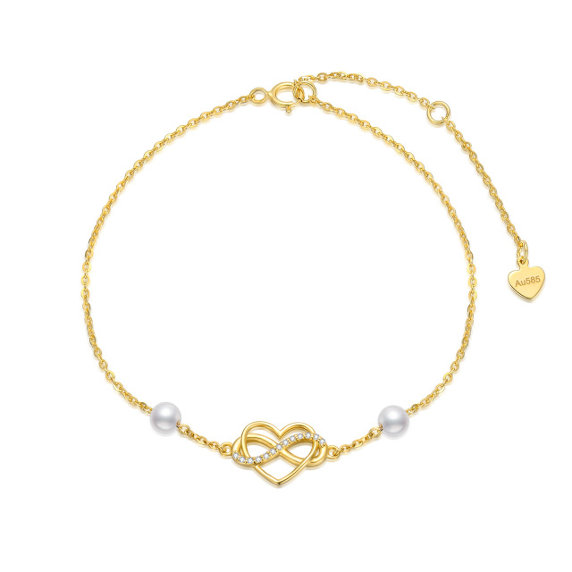 Bracelet en or 14K avec pendentif cœur et symbole de l'infini en zircon cubique et perle-0