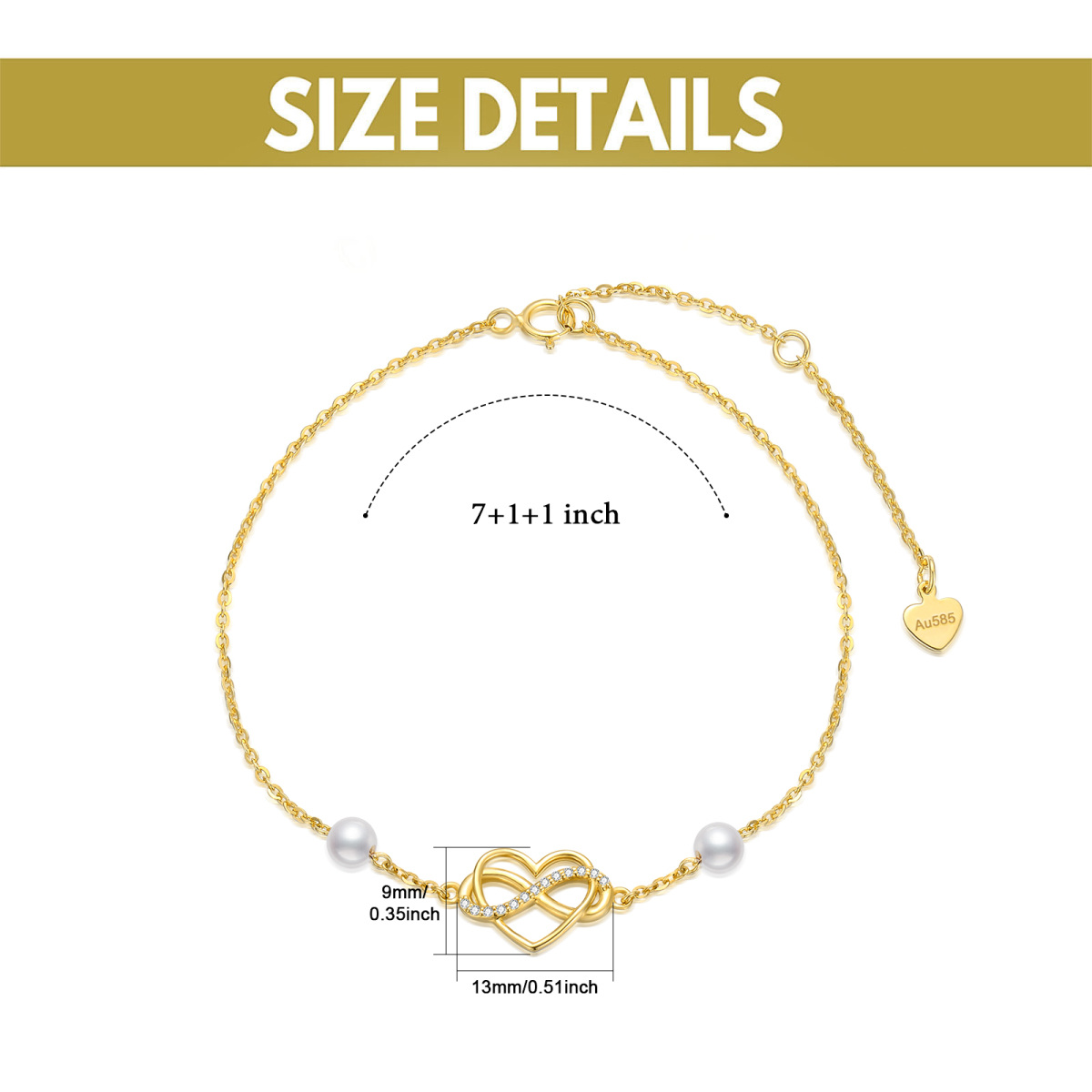 Bracelet en or 14K avec pendentif cœur et symbole de l'infini en zircon cubique et perle-6