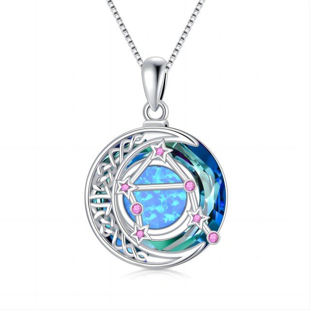 Sterling Silver Libra Circular Opal With Crystal Pendant Necklace-2