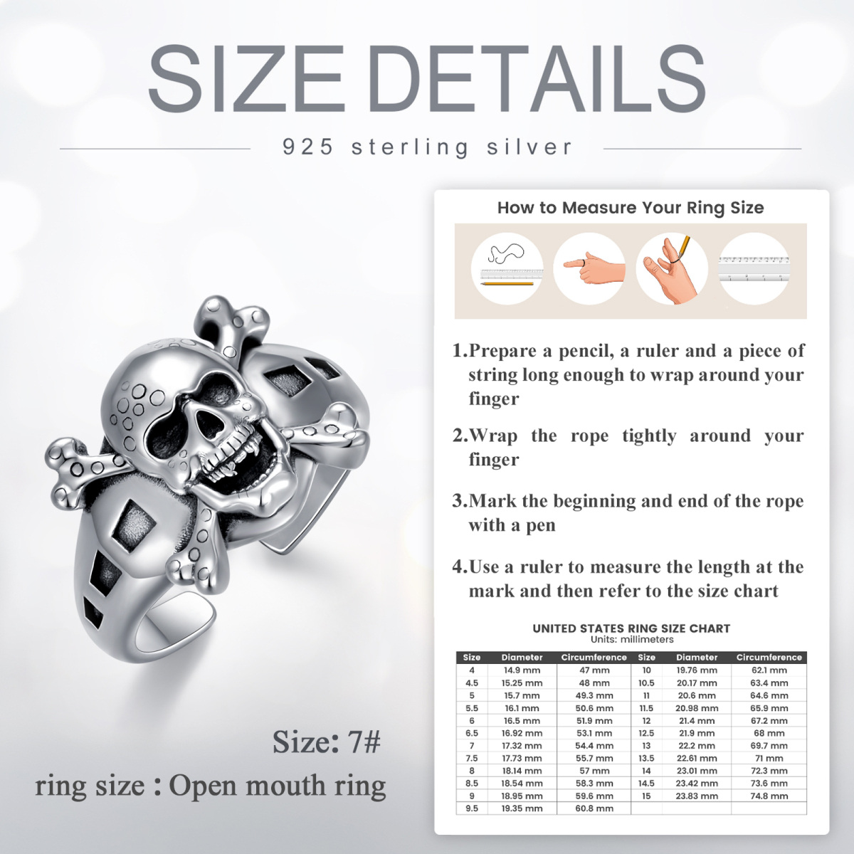 Sterling Silver Skull Open Ring for Men-7