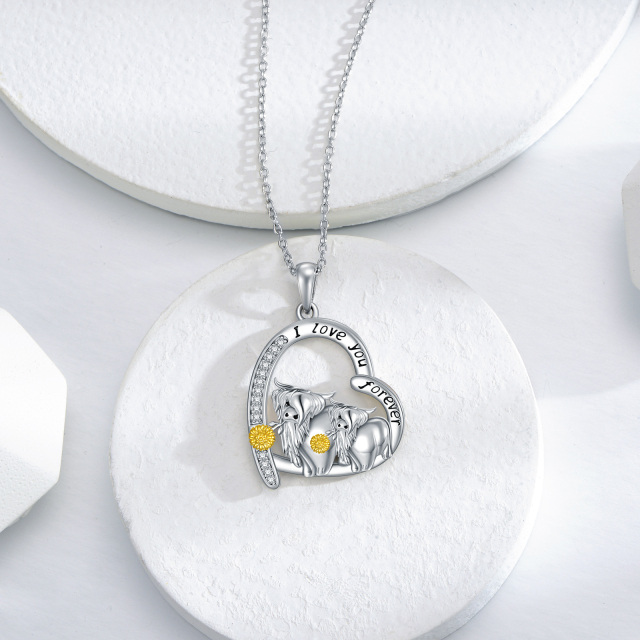 Sterling Silver Two-tone Circular Shaped Cubic Zirconia Highland Cow & Heart Pendant Necklace with Engraved Word-3