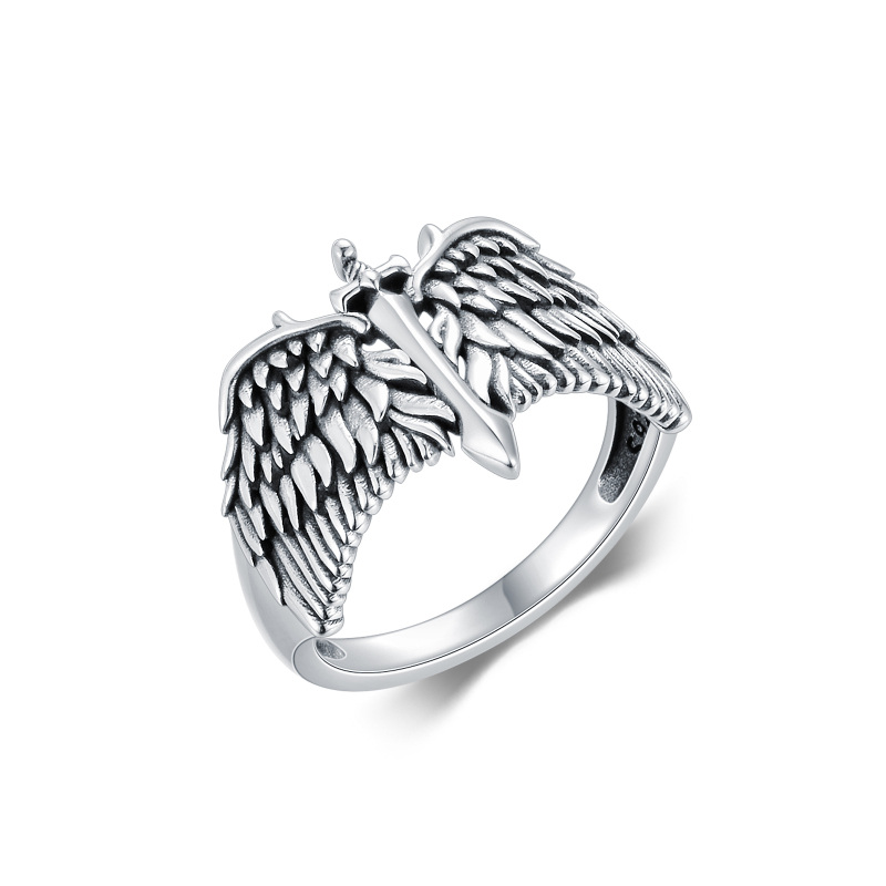 Sterling Silver Angel Wing & Sword Ring for Men