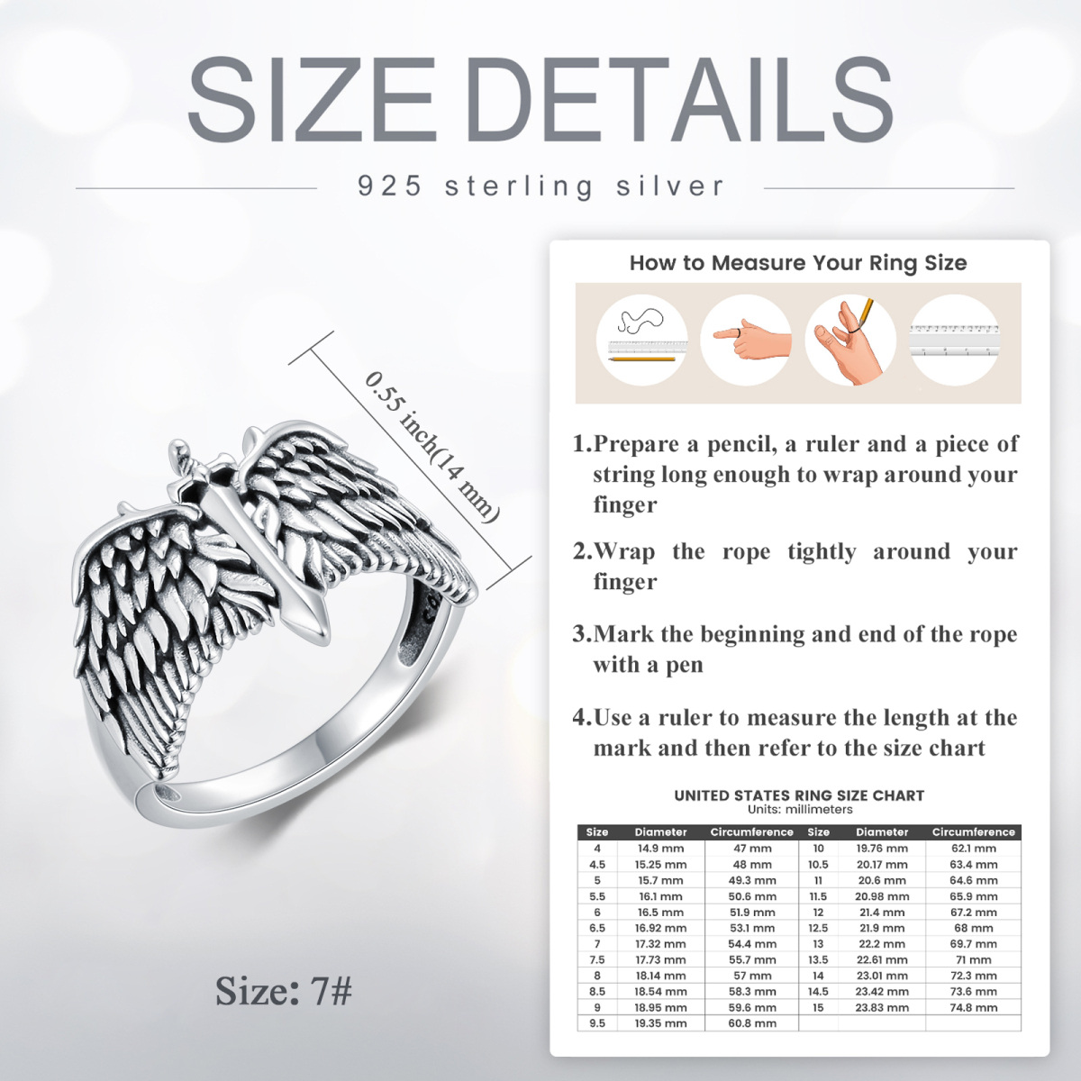 Sterling Silver Angel Wing & Sword Ring for Men-7