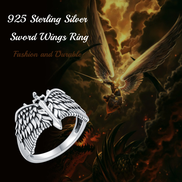 Sterling Silver Angel Wing & Sword Ring for Men-2