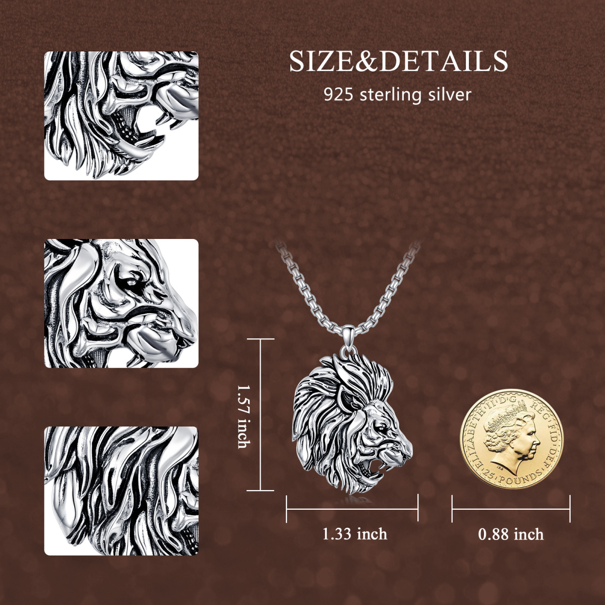 Sterling Silver Lion Pendant Necklace for Men-4