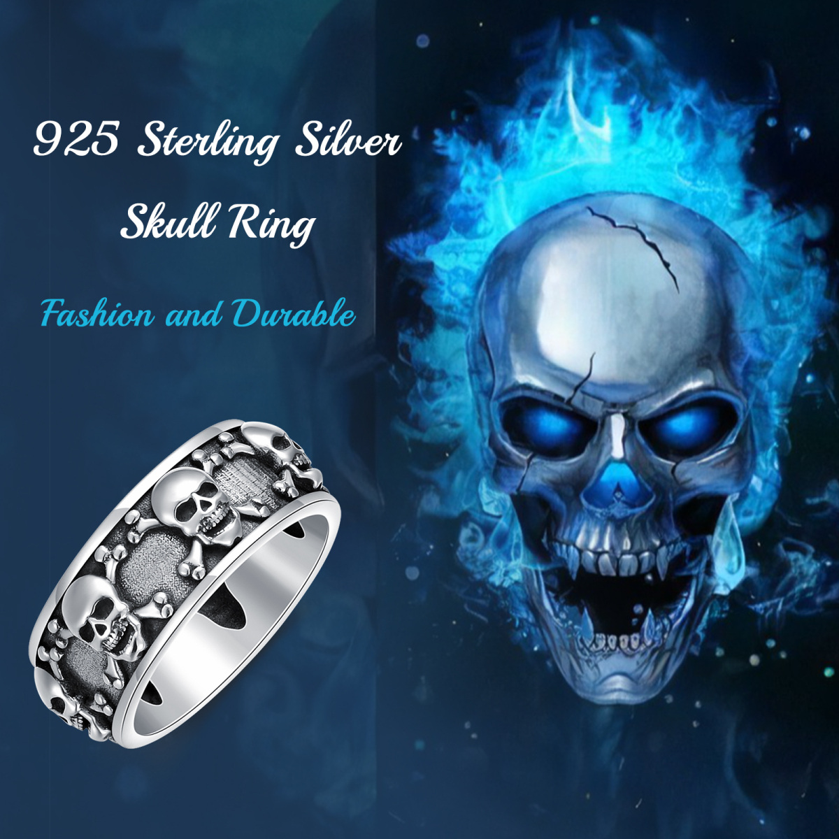 Anillo de calavera de plata de ley para hombre-6